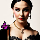 Elegant woman with crown and butterfly in striking makeup pose