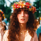 Red-haired woman in floral crown and gold necklace in serene outdoor setting