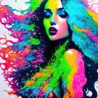 Vibrant neon digital artwork of woman with flowing hair and colorful paint overlay