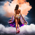 Colorful body paint design woman leaping with swirling paint splashes