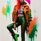 Fashion model with red hair, green lipstick, in orange embellished outfit