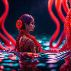 Traditional Attire Woman Contemplating Among Red Flora on Blue Background