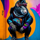 Colorful graffiti featuring anthropomorphic rat in cap and jacket