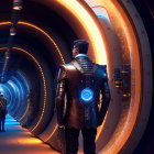 Futuristic armor figure in neon-lit corridor with distant silhouette