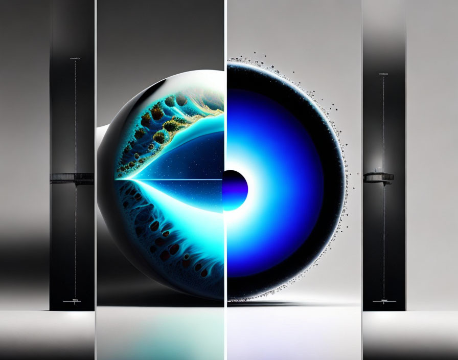 Stylized high-contrast image of glowing blue eye-like sphere