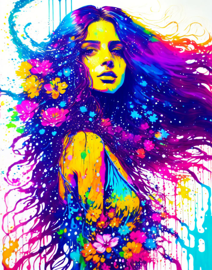 Colorful illustration: woman with flowing hair, flowers, paint-drip backdrop