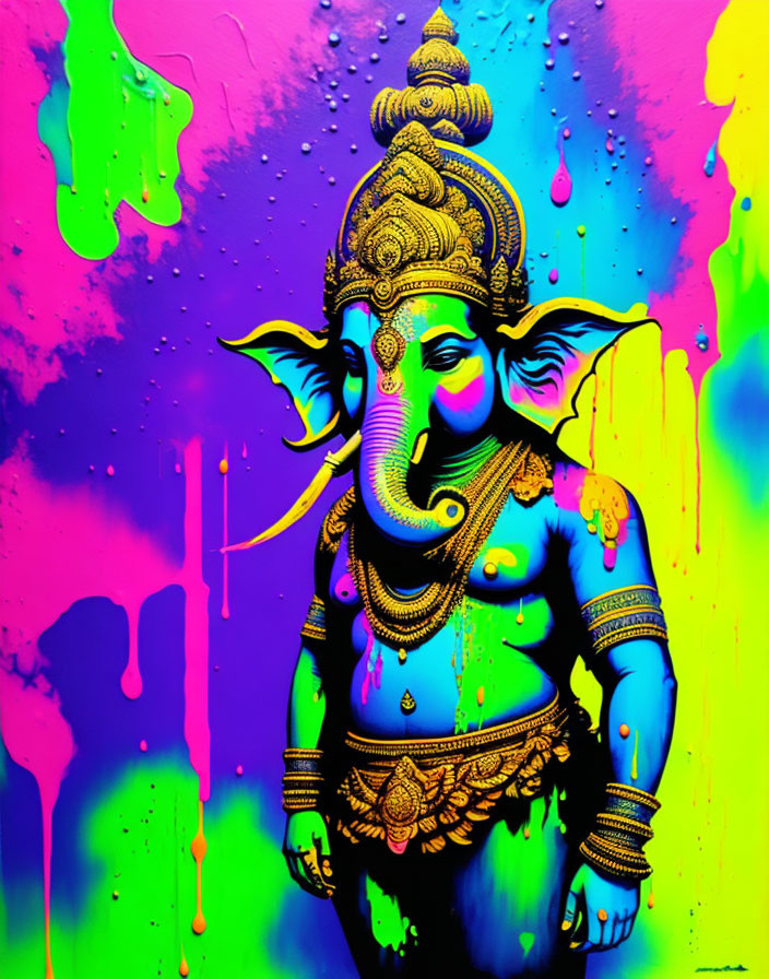 Vibrant Hindu deity Ganesha with colorful paint drips.