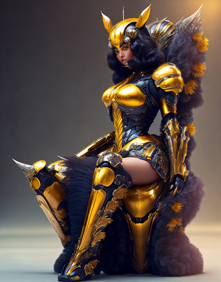 Golden-armored woman in regal pose with fur accents against soft-lit backdrop