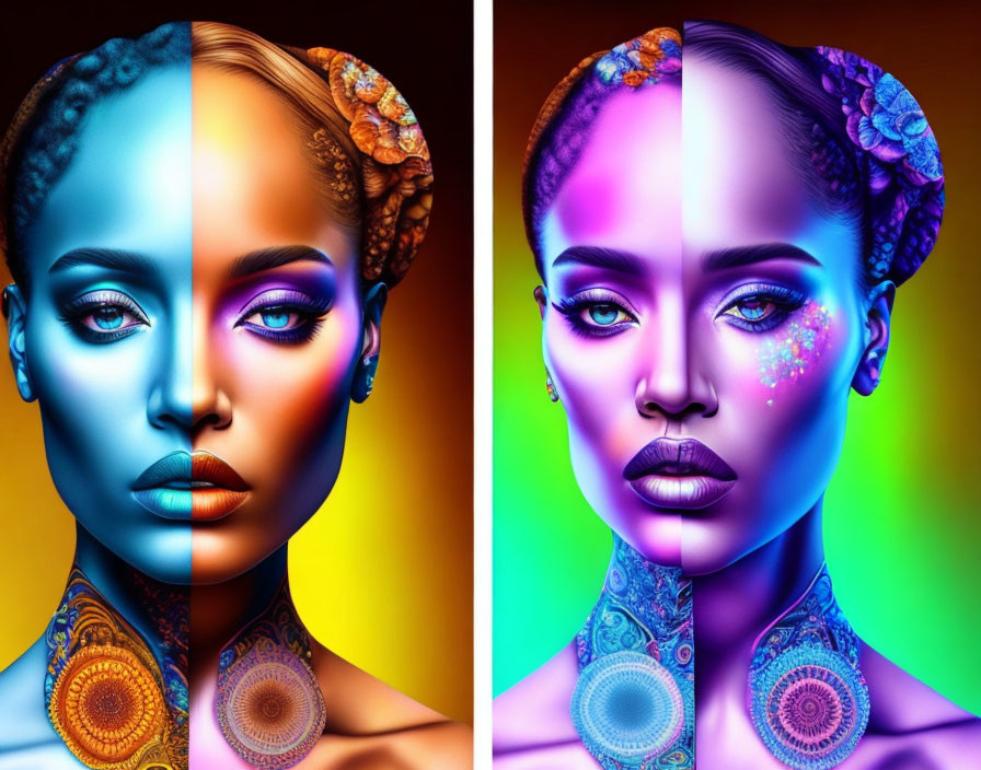 Symmetrical Woman Portraits with Vibrant Body Paint in Blue and Orange Hues