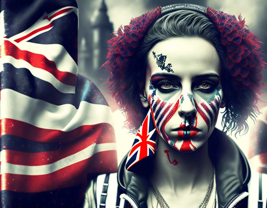 Person with UK flag face paint against gothic backdrop