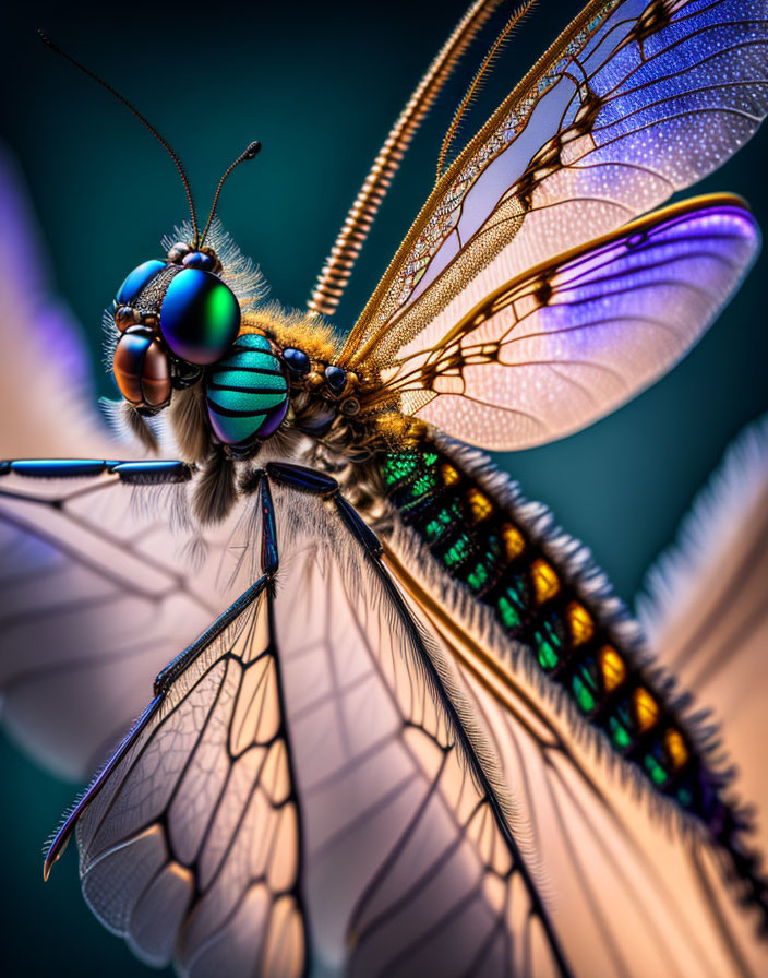 Colorful Dragonfly Macro Photo: Intricate Wing Patterns and Iridescent Body