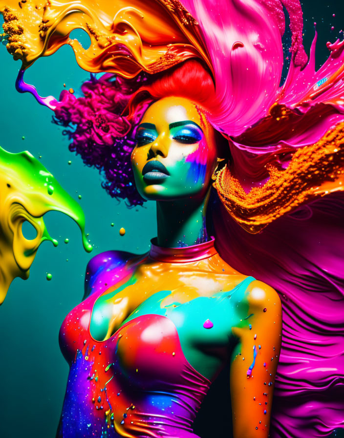 Colorful Makeup and Paint Splashes Surrounding Woman in Vibrant Portrait