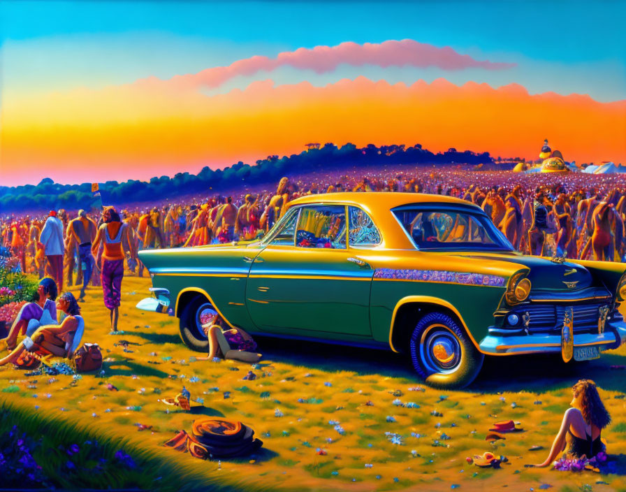 Colorful painting of classic car in field with people under sunset sky