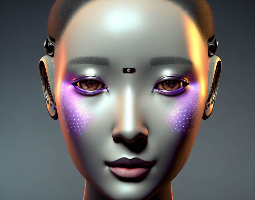 Humanoid Robot Face with Metallic Features and Galaxy-Themed Makeup