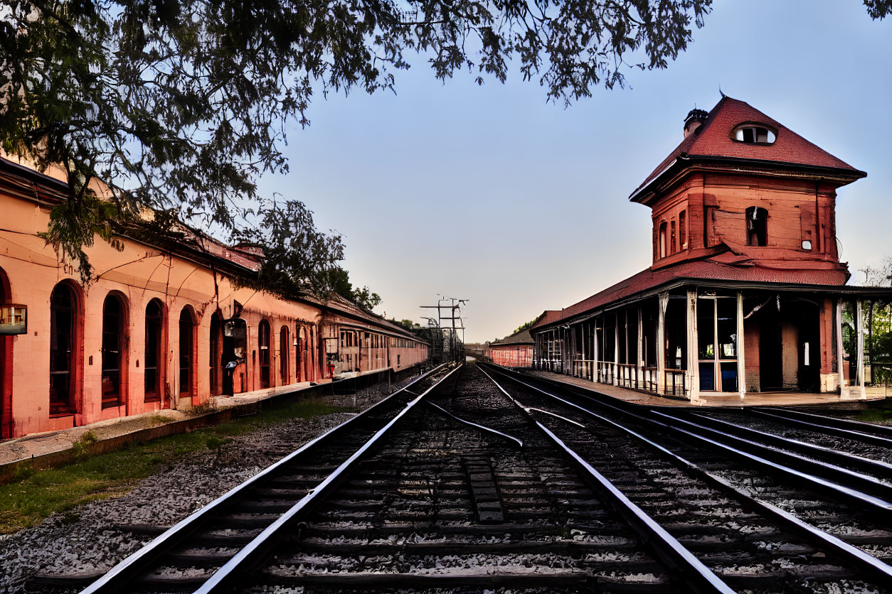 Twilight view of historic train station with red-roofed tower