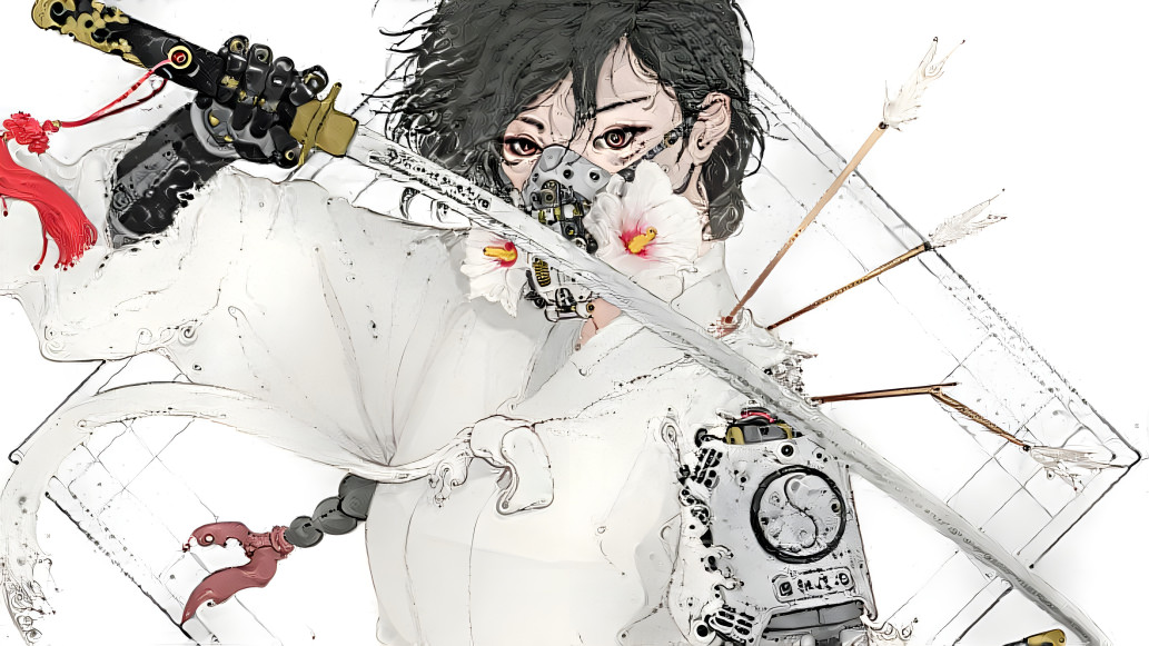 Katana, gas mask and flowers