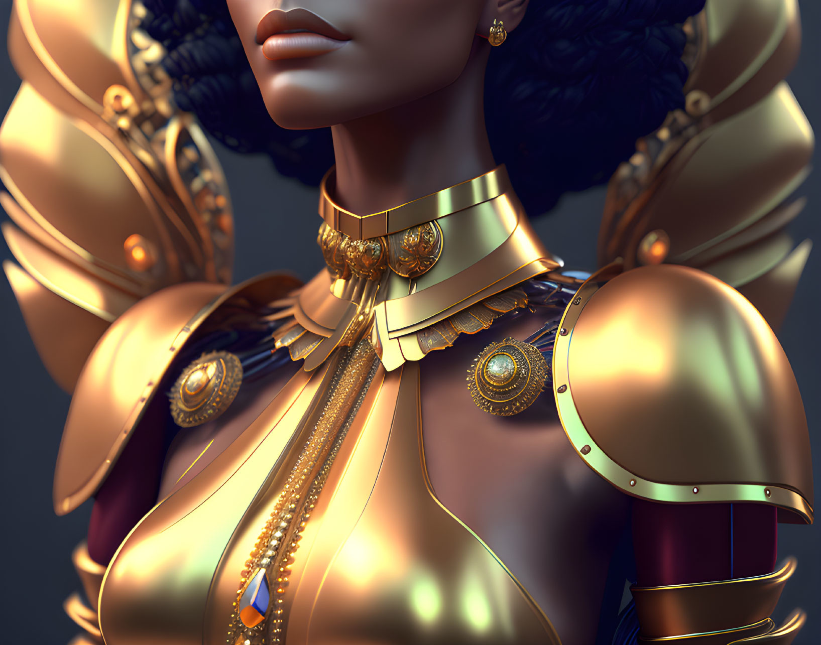 Detailed 3D female character in elegant gold armor and jewelry