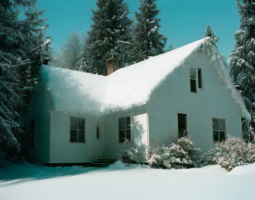 Snow-covered white house and trees under clear blue sky