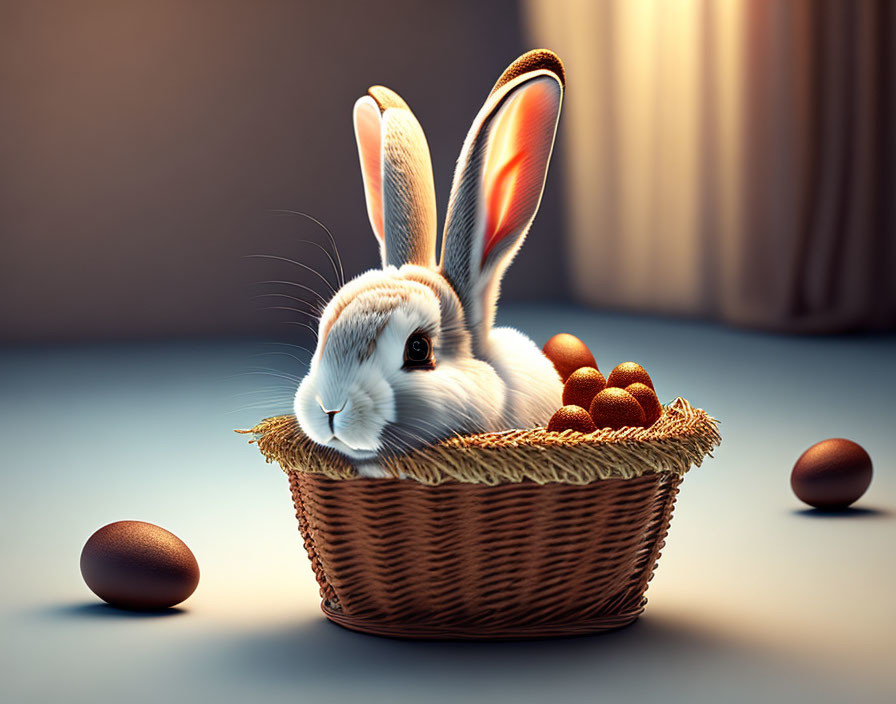 White and Brown Rabbit in Wicker Basket with Golden Eggs on Soft Blue Background