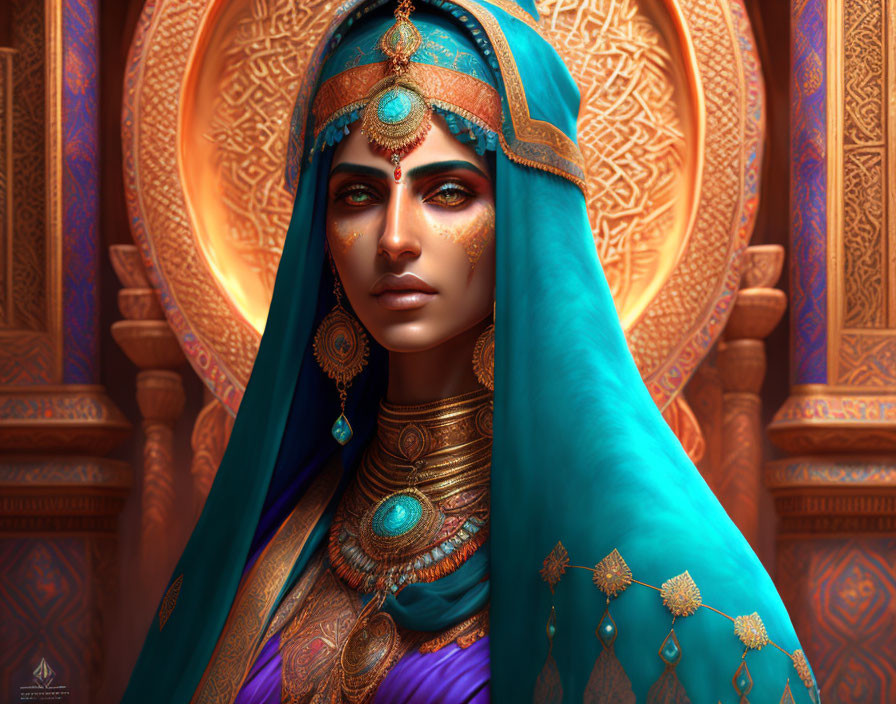 Regal woman adorned in golden jewelry with blue headscarf in front of ornate arches