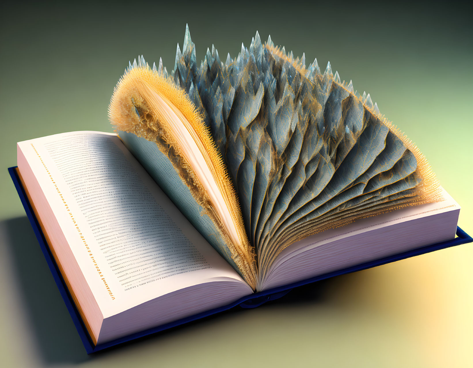 Book pages transform into mountain range: literature meets landscape.