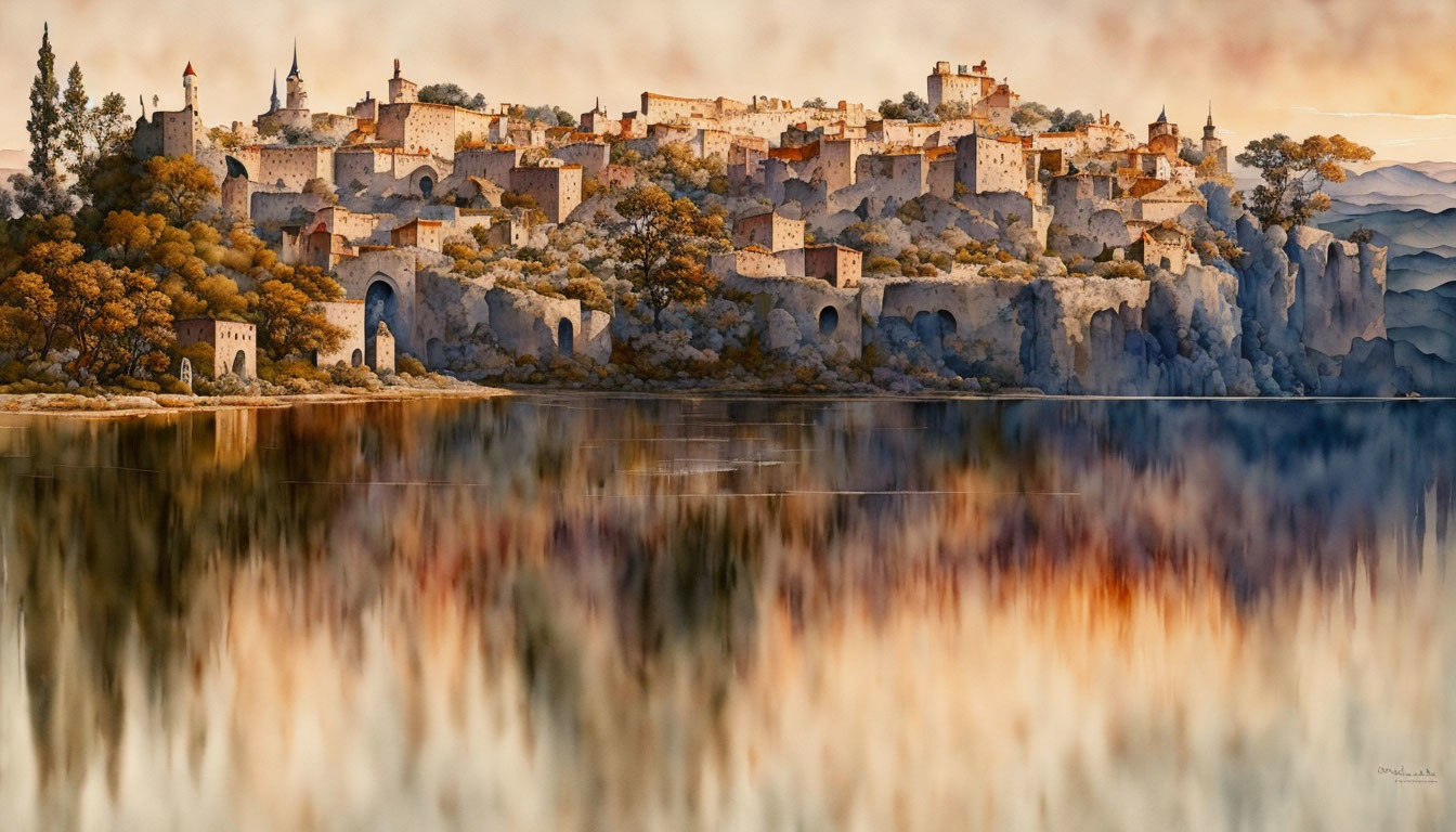 Historic hilltop town with stone buildings and autumn trees by still waters