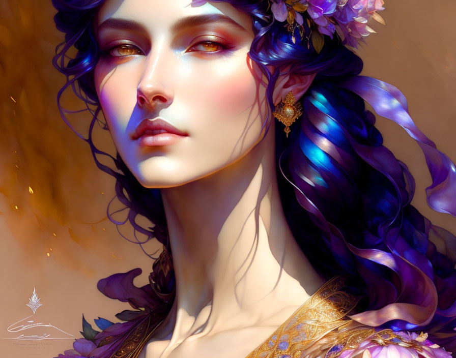 Vivid blue hair woman with golden outfit and flowers on warm background