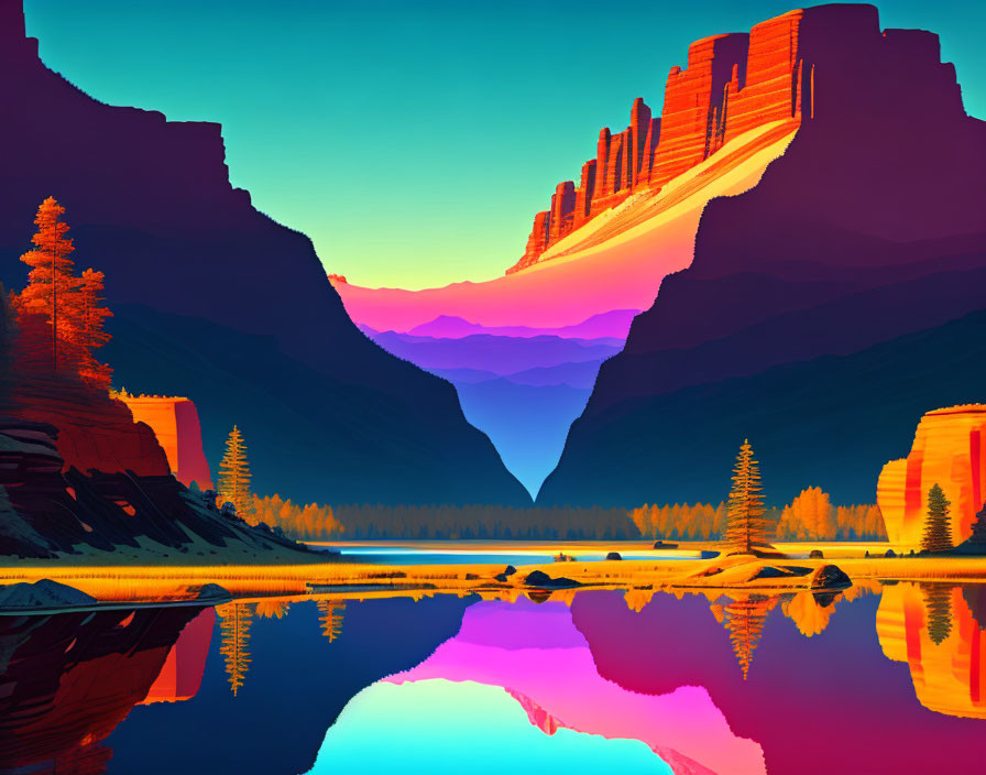 Colorful sunset mountain landscape with lake and trees.