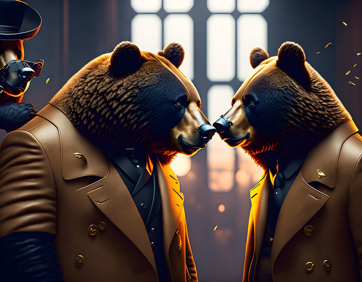 Two bears in suits touching noses, police figure in background