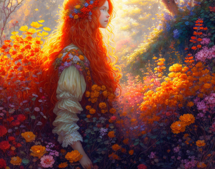 Woman with Long Red Hair in Colorful Flower Garden