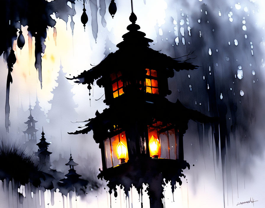 Illustration of Glowing Lantern in Asian Pagoda Amidst Misty Ink-wash Surroundings