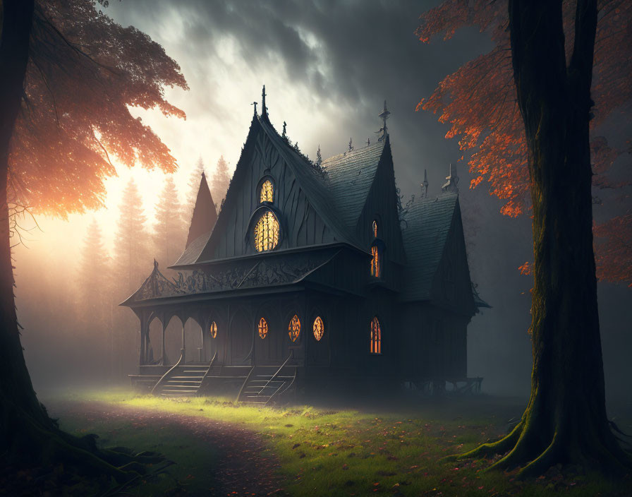 Gothic-style church in misty forest with warm light and autumn trees
