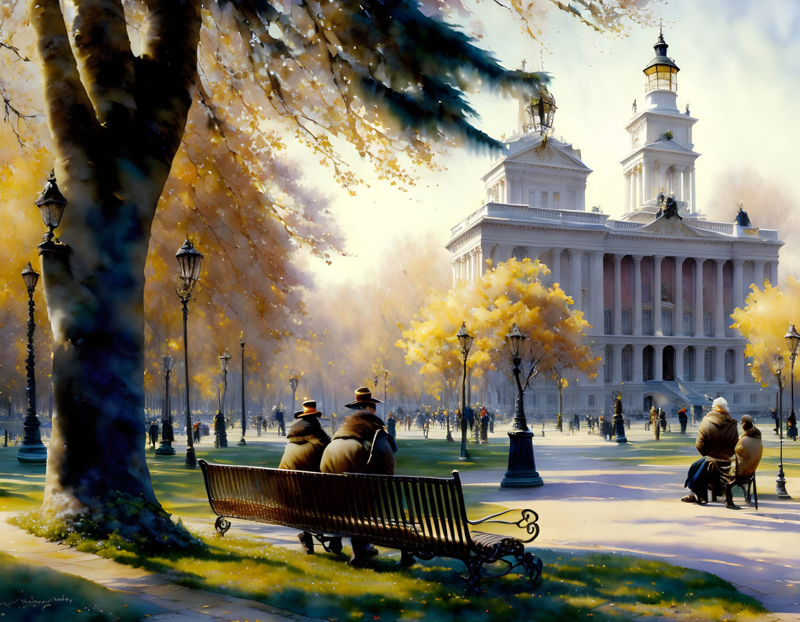 Tranquil autumn park with golden foliage and elegant white building