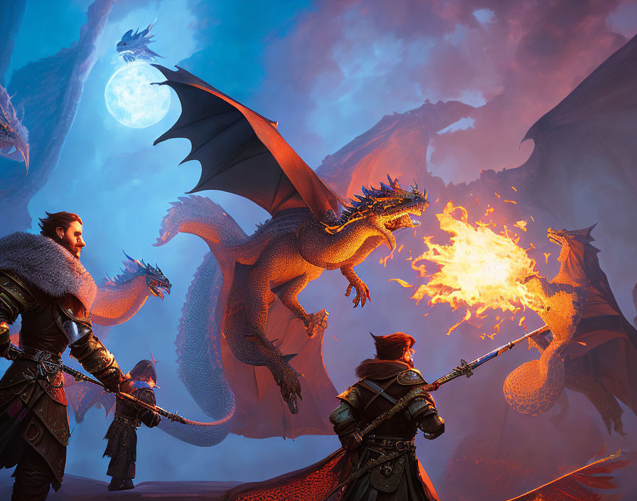 Two armored figures confront fire-breathing dragon in moonlit fantasy scene