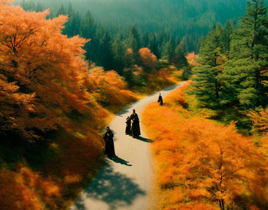 Traditional Attire People Walking on Winding Road Amid Autumn Trees