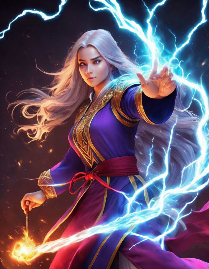 White-haired mystical female conjures blue lightning in cosmic scene wearing purple and gold robe