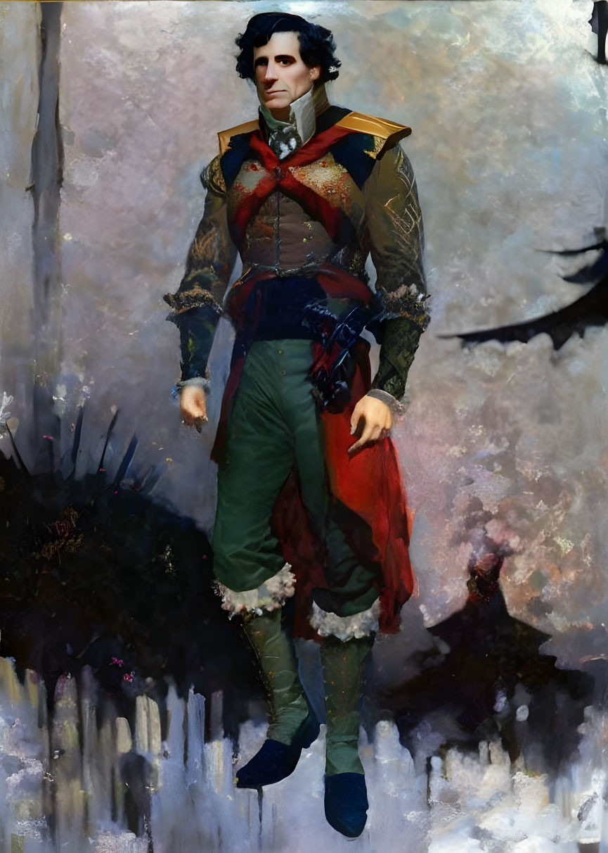 Fictional regal character in military-style outfit on abstract background