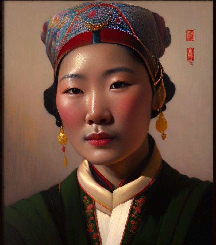 Traditional Asian Attire Portrait of Woman with Embroidered Hat and Earrings