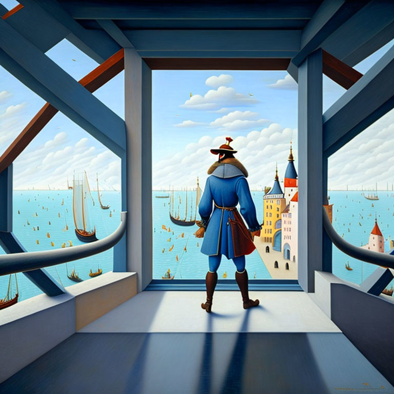 Stylized painting of man in blue coat overlooking harbor with ships and classical buildings.