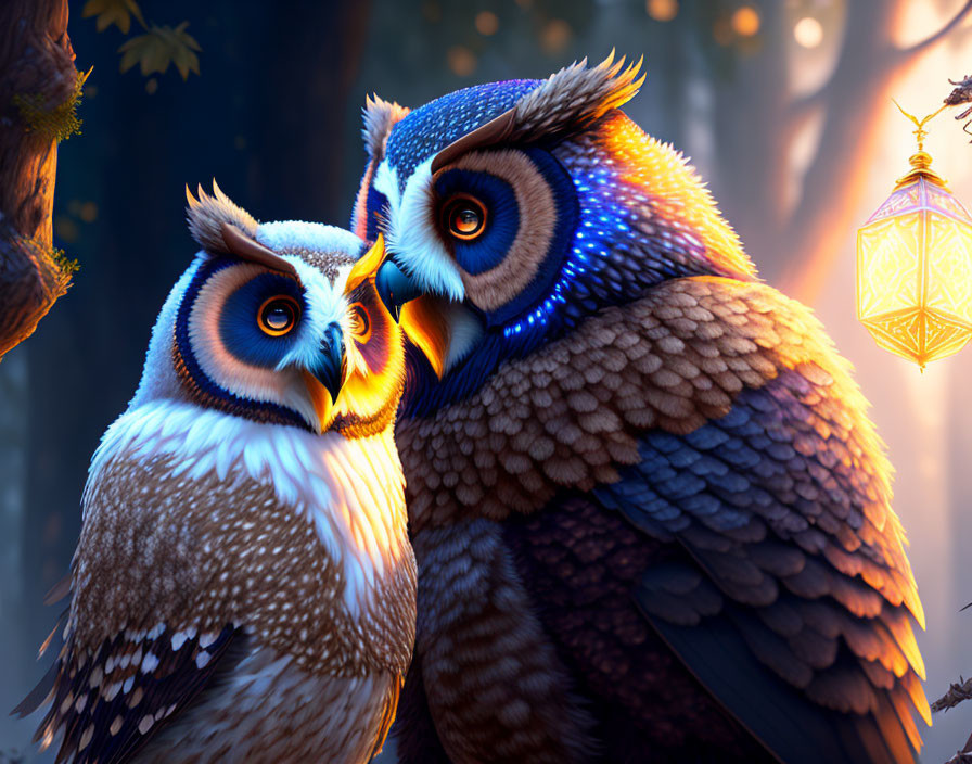 Animated owls cuddle in mystical forest with glowing lantern