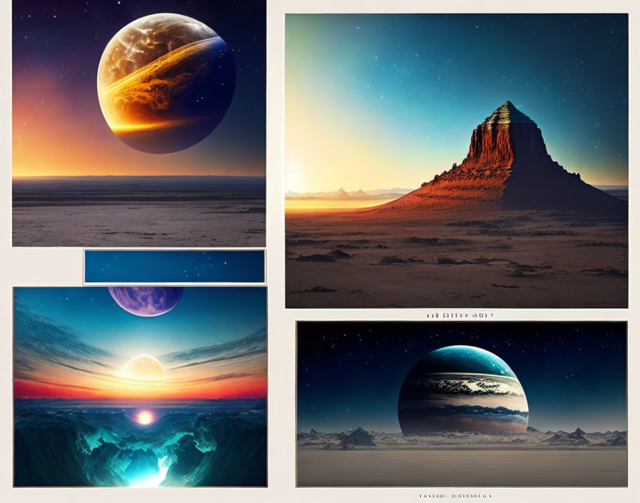 Four digital artworks of surreal landscapes with prominent planets at different times of day