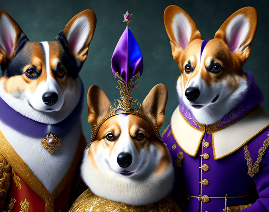 Three corgis in royal attire with crown and regal decorations on dark background