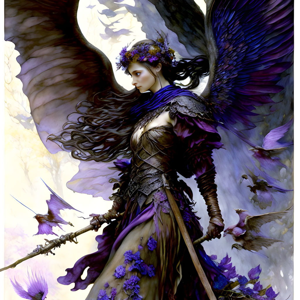 Female Figure in Purple Armor with Angel Wings and Staff surrounded by Feathers