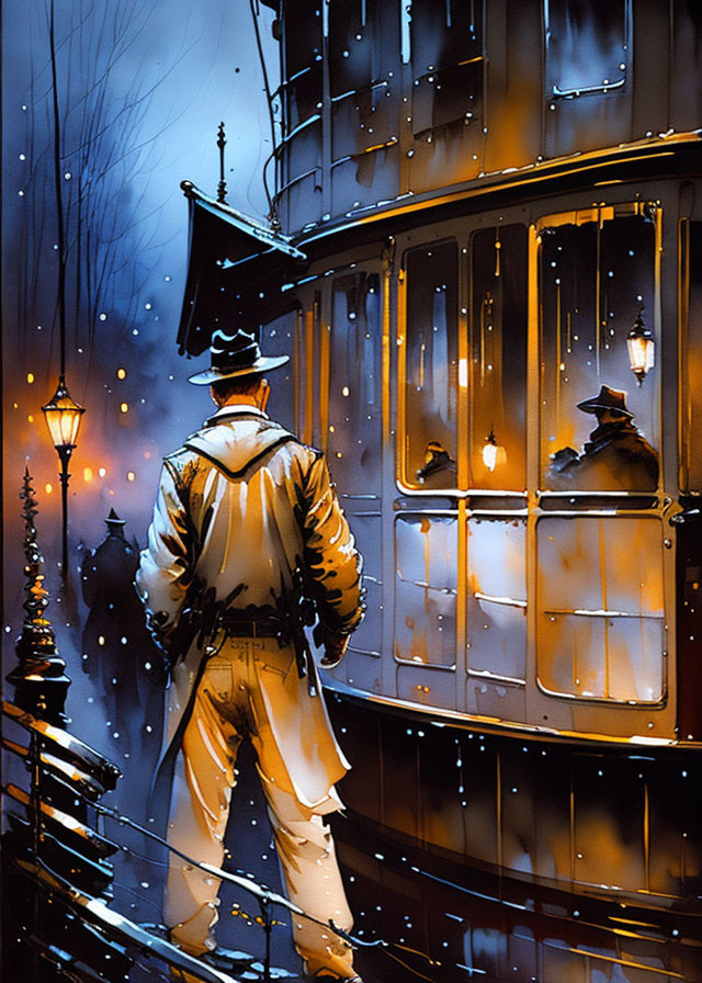 Figure in trench coat and hat by curved building on rainy night