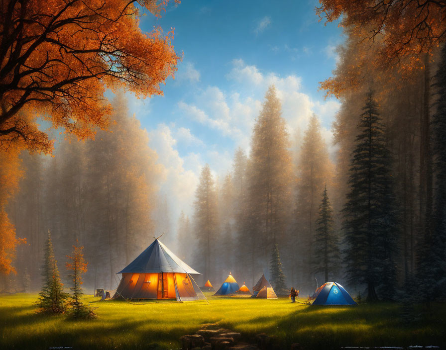 Tranquil forest campsite with tents under tall trees