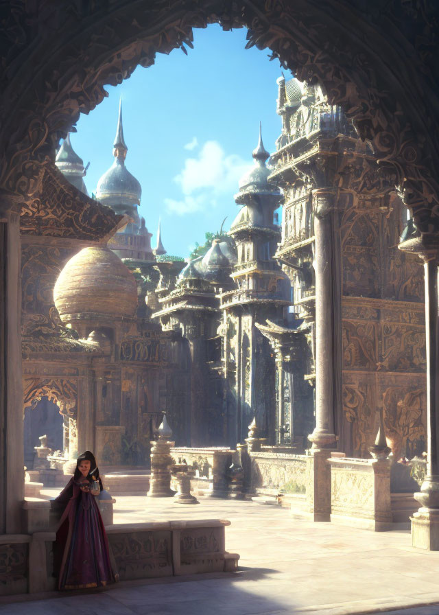 Ornate archway and ethereal palace in soft sunlight