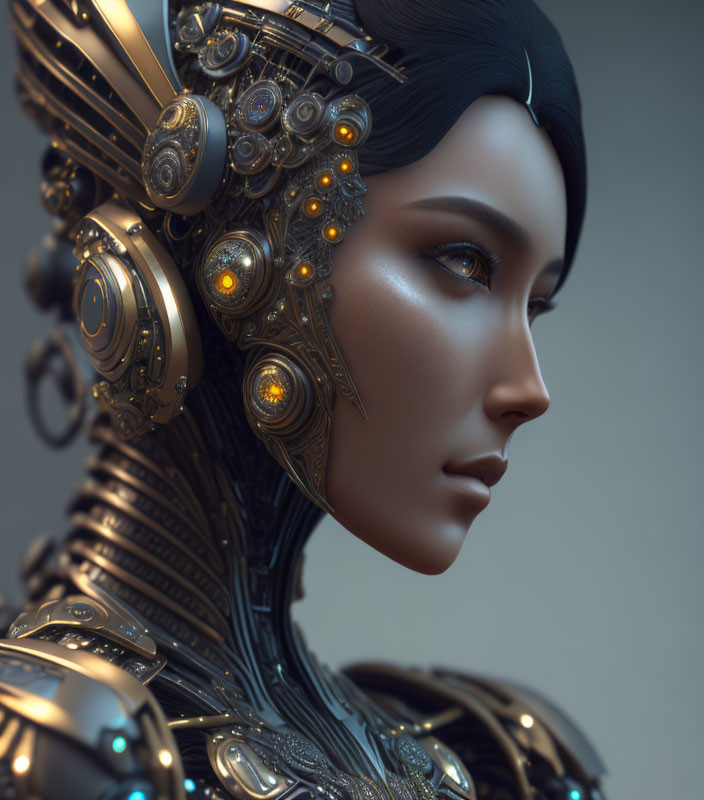 Female Robot Profile with Intricate Mechanical Details and Glowing Accents