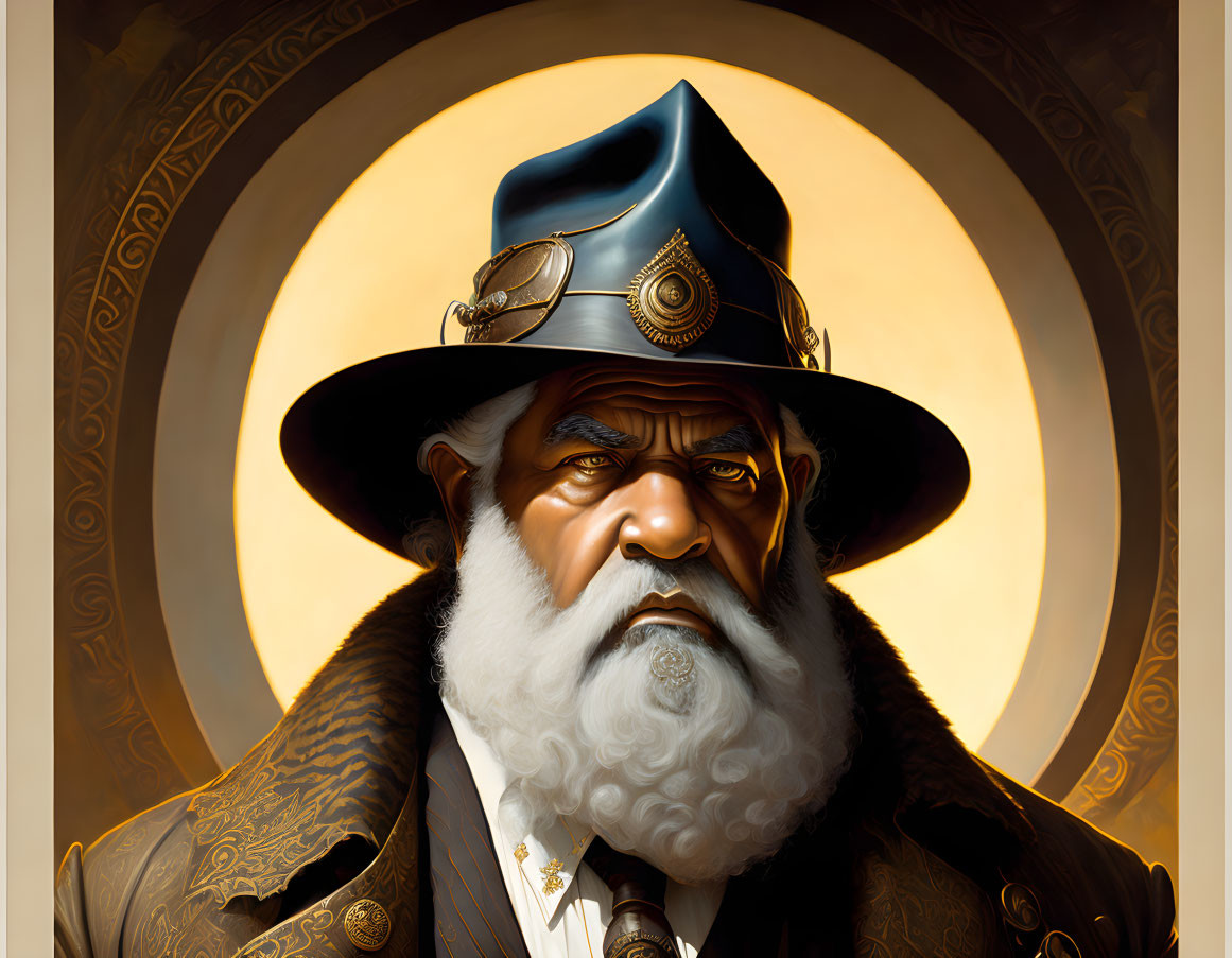 Illustrated portrait of stern man with white beard in steampunk hat and coat