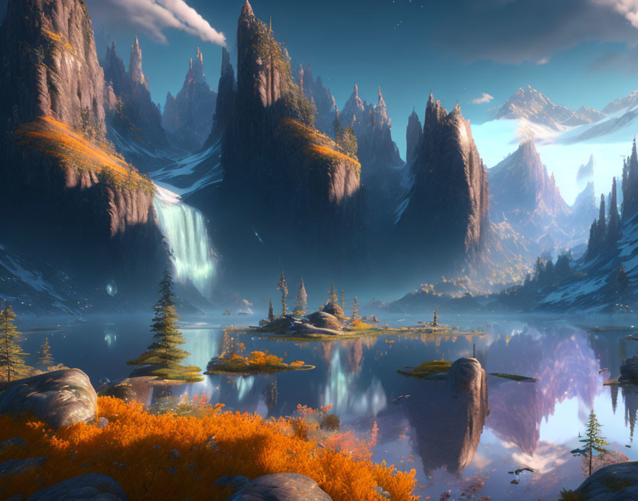 Fantasy landscape with mountains, waterfall, lake, flora, and castle at sunset