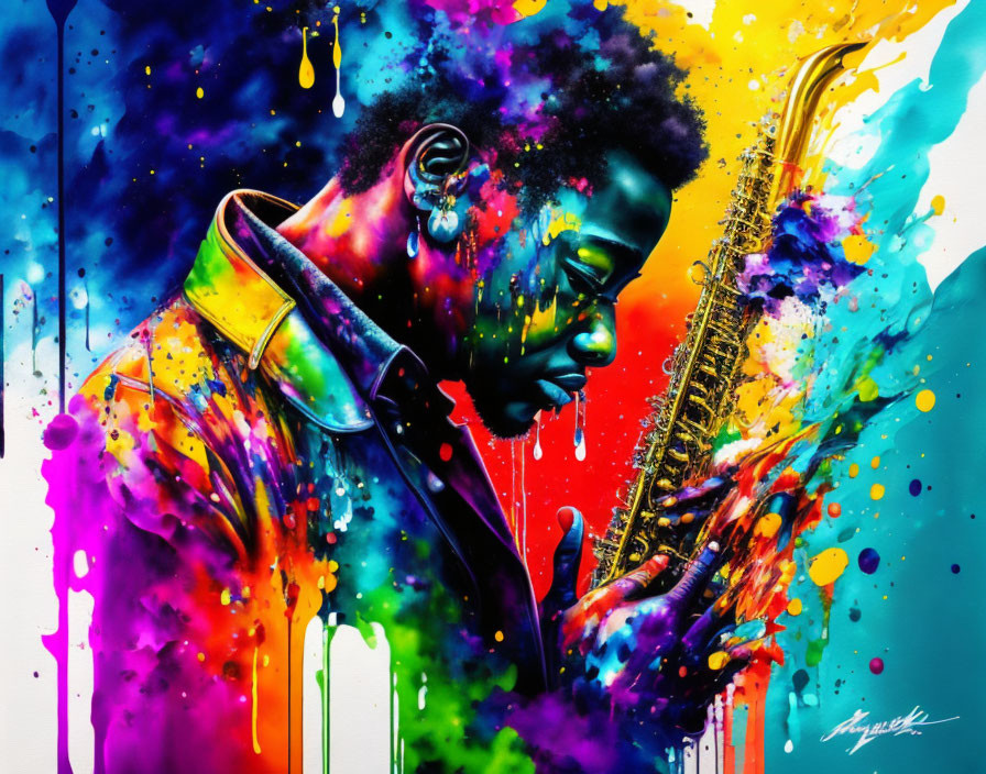 Colorful Painting of Man Playing Saxophone with Vibrant Background